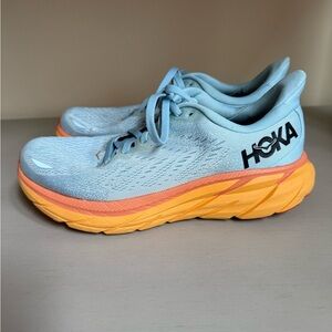 Clifton 8 Hoka Sky Blue and Tangerine Athletic Shoes